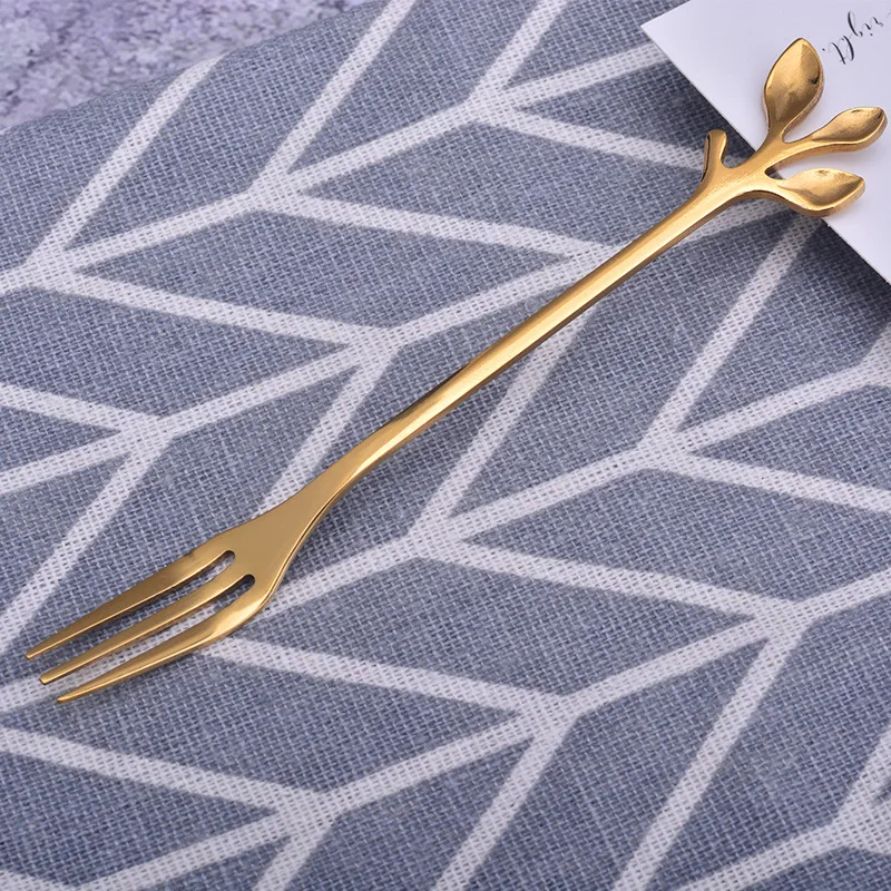 Golden Silver Leaf Spoon Stainless Steel Coffee Spoon Coffee Mixing Spoon Northern Europe Custom Gift Creative Branch Spoon - Цвет: Golden fork
