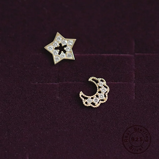 

Stars Moon Asymmetrical Stud Earrings Women Mini 925 Sterling Silver 14K Gold Earrings Cute Sweet Romantic Jewelry Accessories