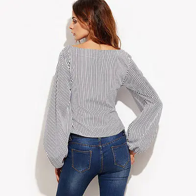 Fashion Striped Off Shoulder Shirt Blouse Formal Style Female Top Women Ladies Bowknot Long Sleeve Tunic Kimono Blouses | Женская одежда