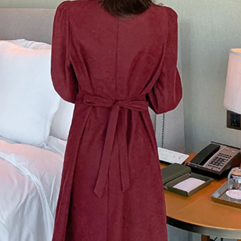 

One-Piece 2021 New Korean Spring Chic Dress French Lady'S Long Sleeve Waist Dress O-Neck High Waist Bandage Temperament Dresses
