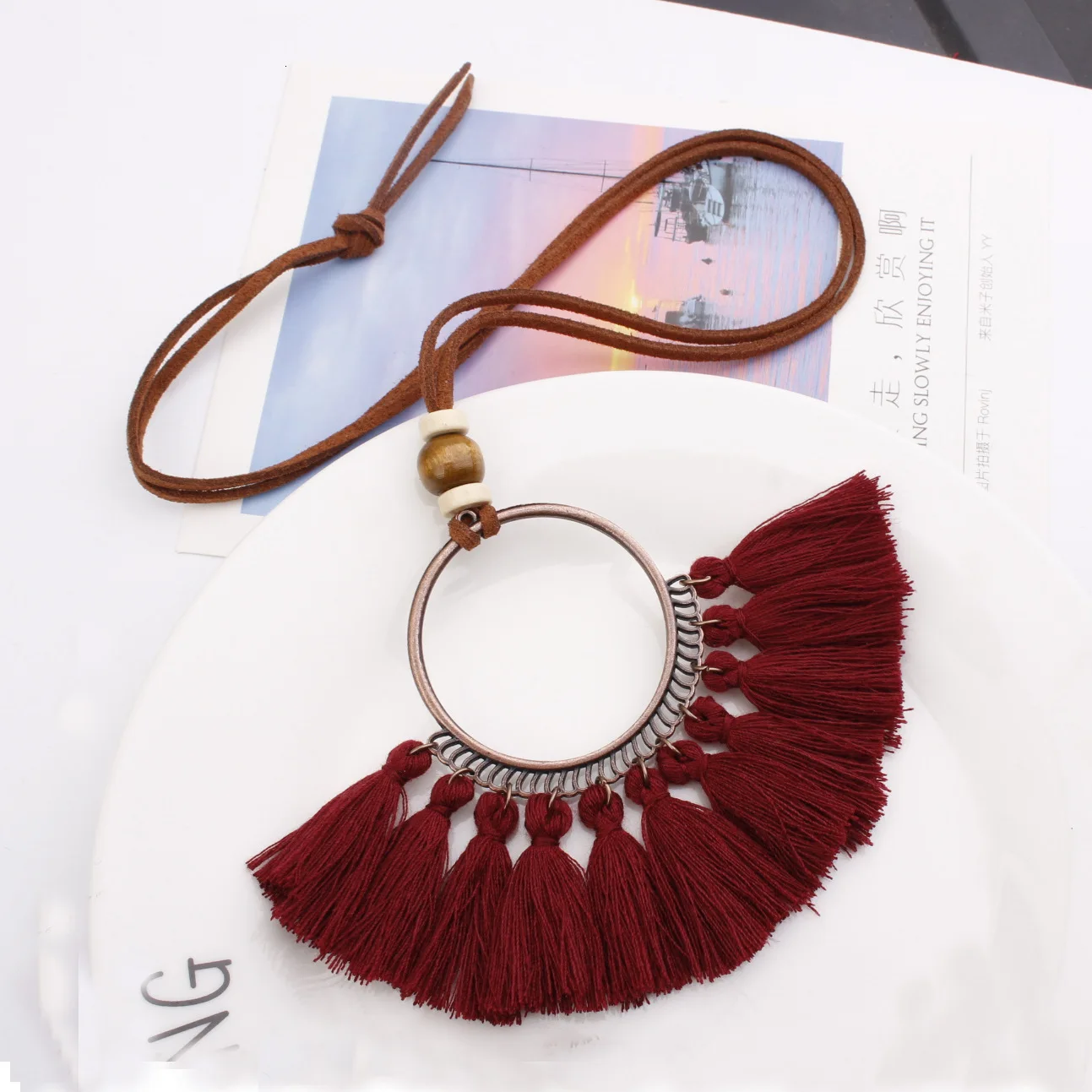 Винтажное массивное длинное кожаное ожерелье с цепочкой в этническом стиле