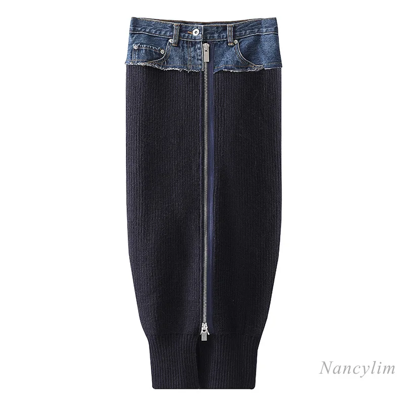 

Fashion Knit Skirt Women's Autumn Winter New Korean Style High Waist Slim Denim Patchwork Knitting Hip-Wrapped Mid-Length Skirts