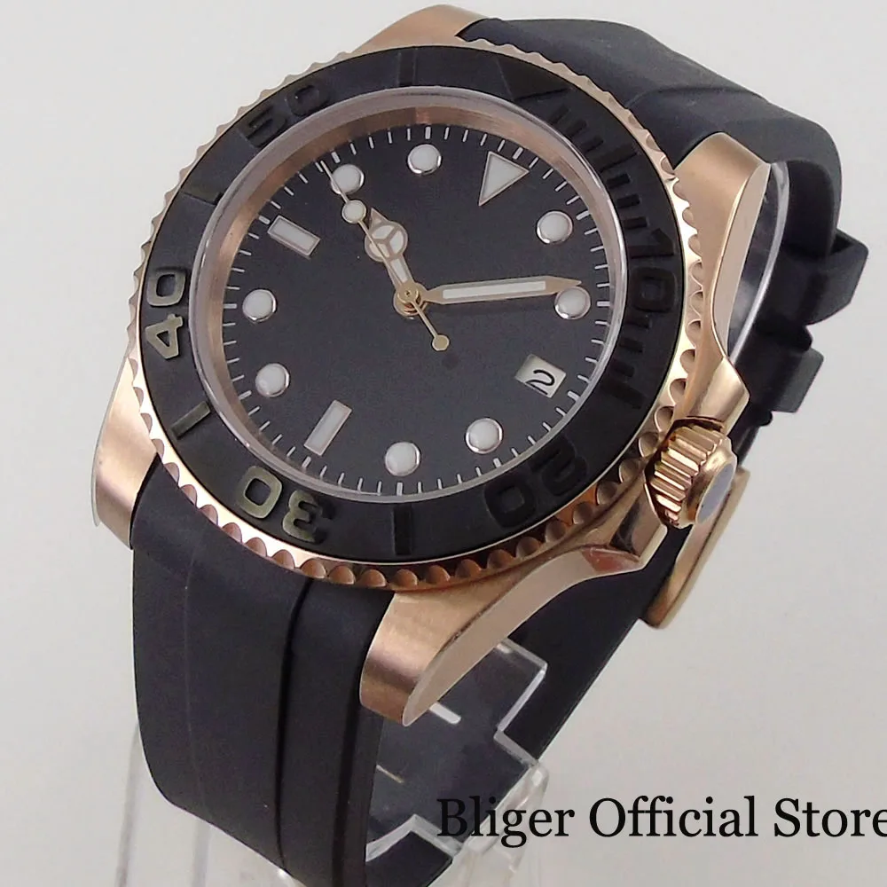 

BLIGER Nologo Rose Gold Coated Automatic Men Watch 24 Jewels NH35A Curved End Rubber Strap Black Brushed Insert Luminous Dial