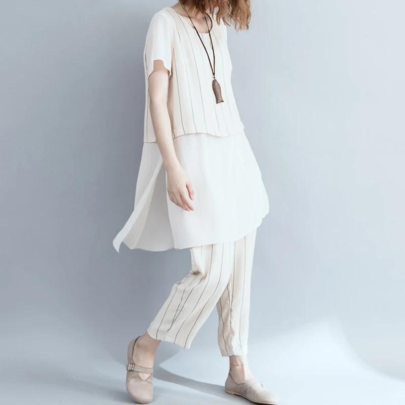 

Oversized Loose Striped Women Pant Sets 2020 Summer New Chiffon Long T-Shirts And Straight Ankle Length Pant Female Pants Suits