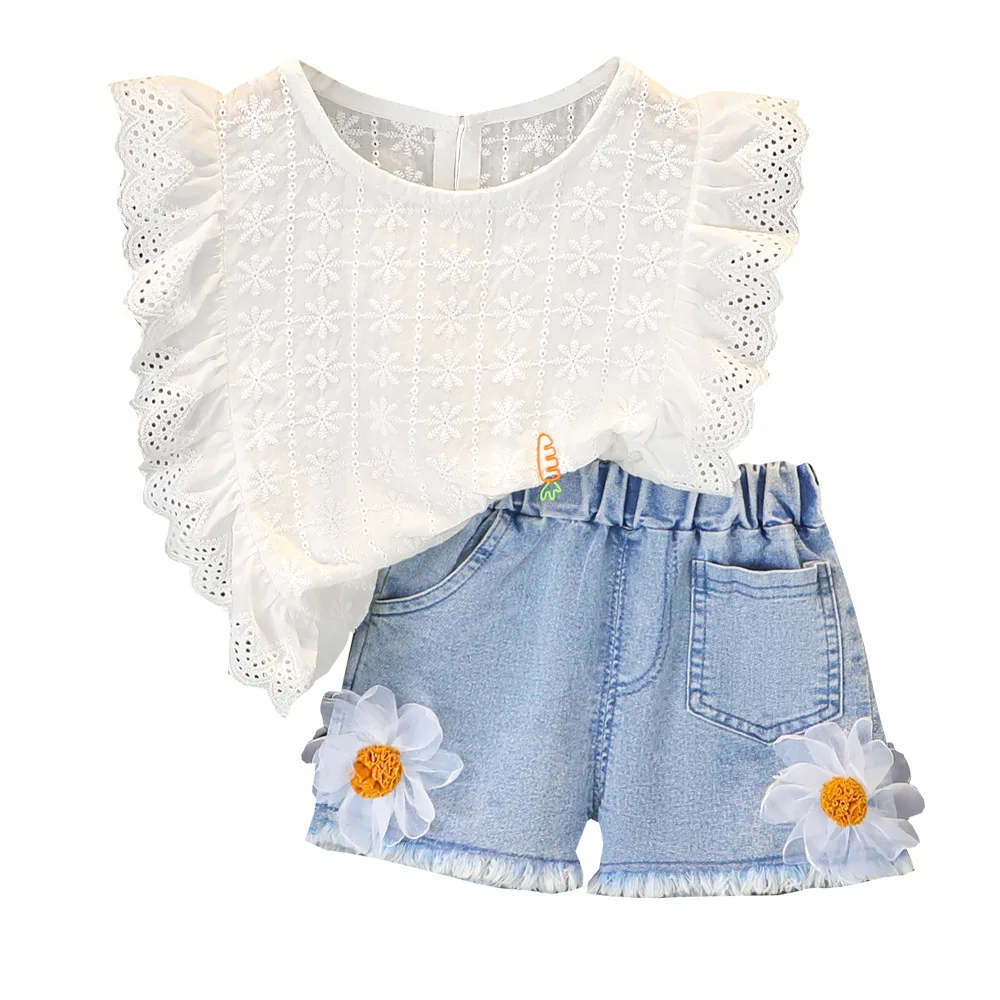 

Summer Clothes Baby Girl Outfit Sleeveless White Lace Top+Denim Shorts Two Piece Newborn Girl Sets Fashion Toddler Casual Suit