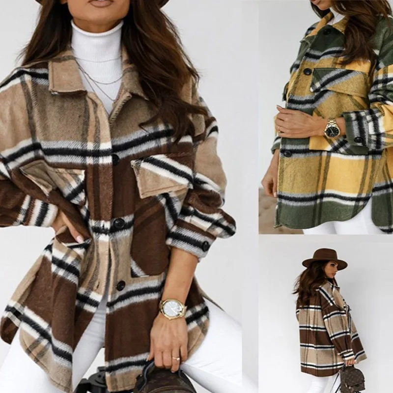 

Plaid Printed Long Sleeve Shirt Coats Women's Turn Down Collar Single Breasted Splice Casual Top Autumn Cotton Vintage Lady Coat