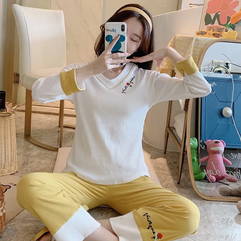 

2020 Autumn Winter Cotton Print Long Sleeve Pajama Sets Women Cute Lace Sleepwear Suit Pyjama Homewear Pijama Mujer Home Clothes