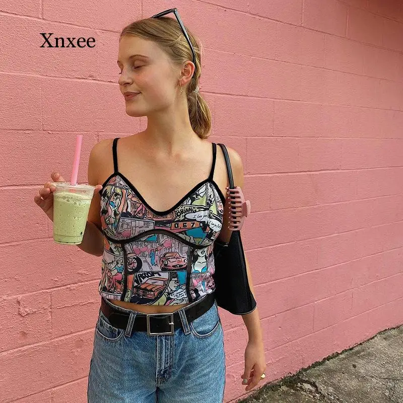 

Модный трендовый женский топ с мультяшным принтом, летний пикантный укороченный топ с V-образным вырезом, открытой спиной и открытым пупком,...
