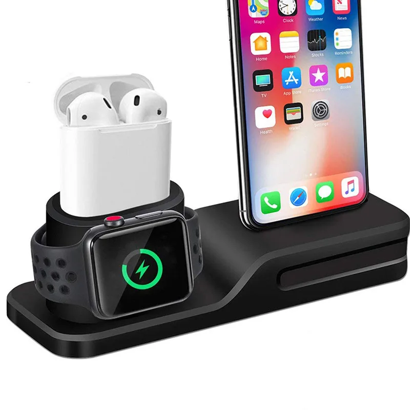 3 in 1 Charging Dock Holder for iPhone X 8 7 Silicone Stand Station Apple Watch Airpods |
