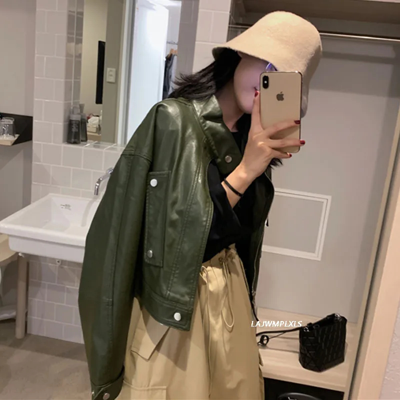 

Green Women's Coat Spring Faux Pu Leather Jacket Women Clothes Mandarin Collar Moto Biker Zipper Jackets Outerwear Female