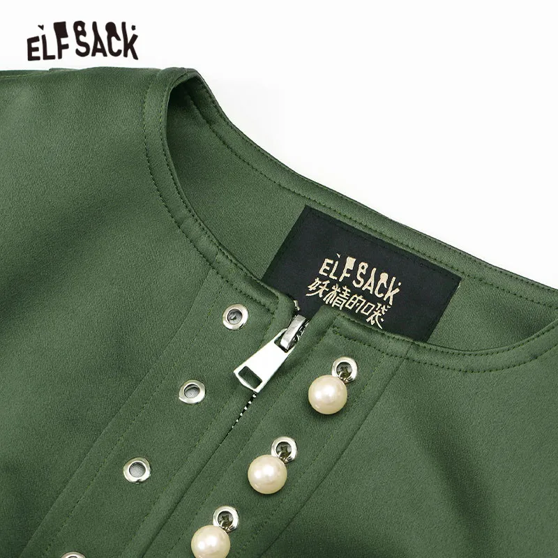 ELFSACK Ретро стиль вышитые расклешенные атласные женские куртки осень 2019 зеленая