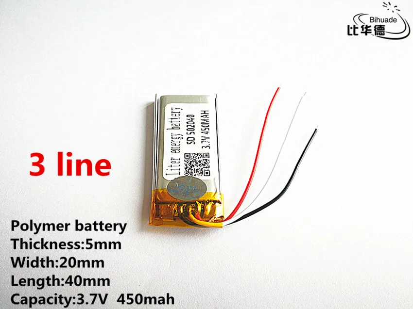 

5pcs/lot 3 line Good Qulity 3.7V,450mAH,502040 Polymer lithium ion / Li-ion battery for TOY,POWER BANK,GPS,mp3,mp4