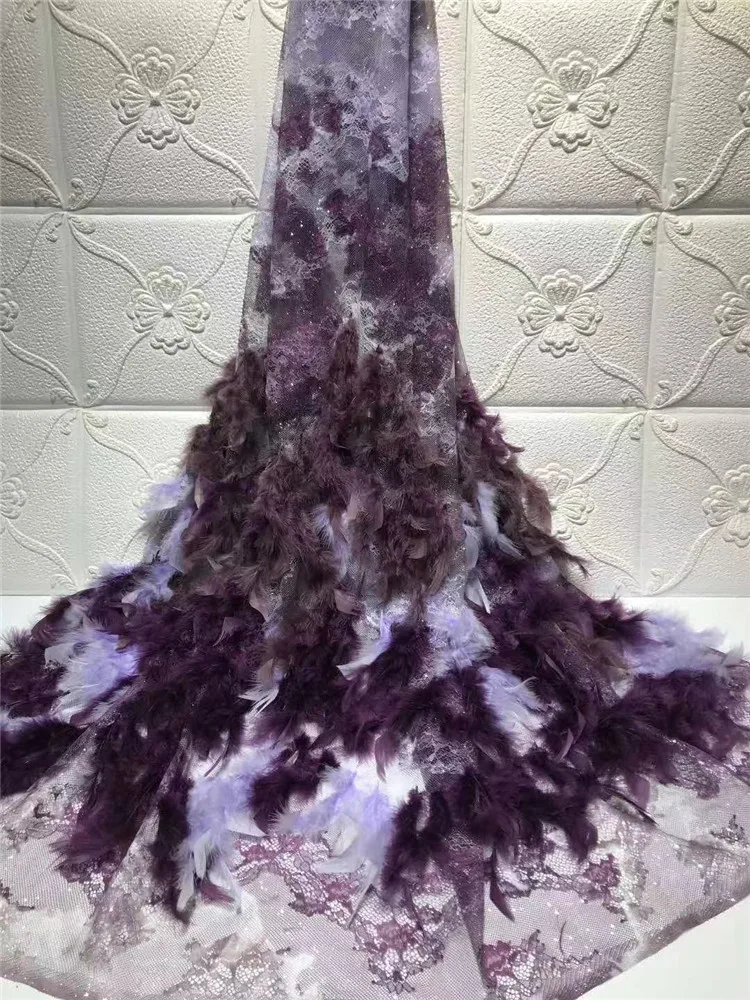 

Новая кружевная ткань с фиолетовыми перьями и вышивкой из французского тюля с блестками, модная французская кружевная ткань из Нигерии FZ1132