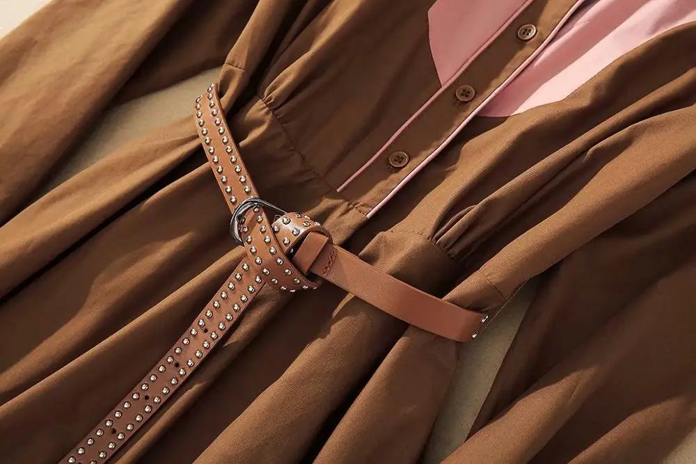 

European and American women's clothing 2020 autumn new style Long sleeve lapels contrast color Fashion belted pleated dresses