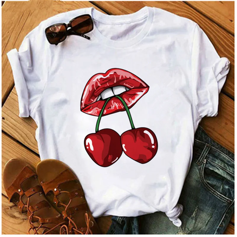 

AOWOF Sexy Red Lips Cherry Fruit T-shirt Woman Seductive Lipstick T-shirt Fashion Clothing Harajuku Top Korean Style Female