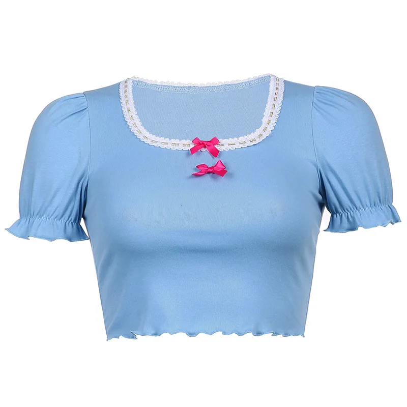 

Mandylandy Lady Sexy Puff Sleeve Square Neck Bow Knot Slim Short Bottoming T-shirt Women Elegant Lace Patchwork Crop Top Shirt