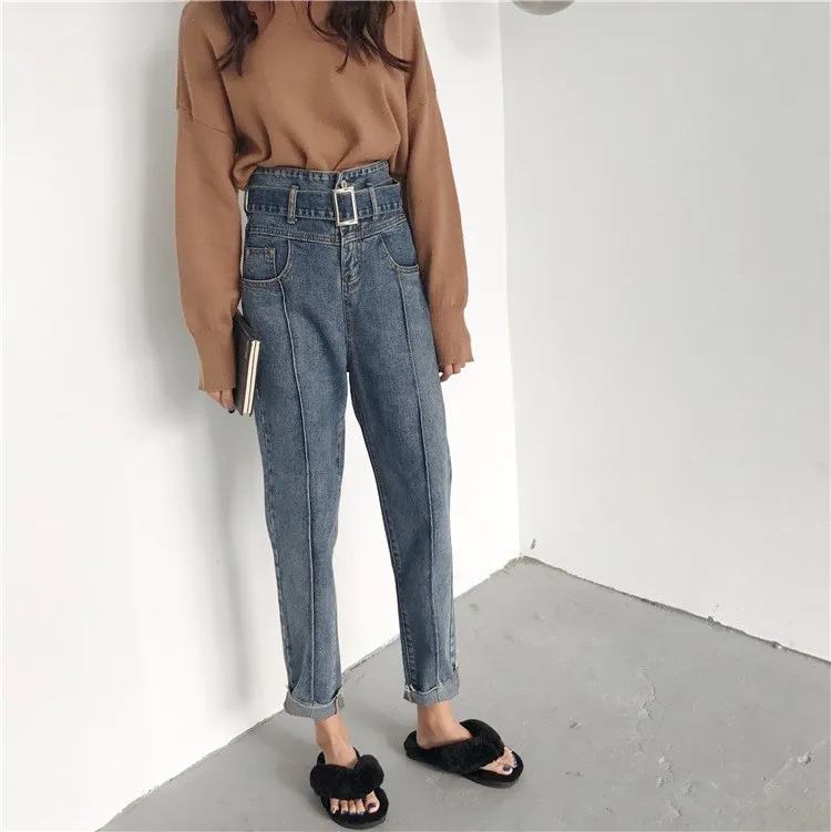 Новые осенние свободные женские синие джинсовые брюки бойфренда повседневные с