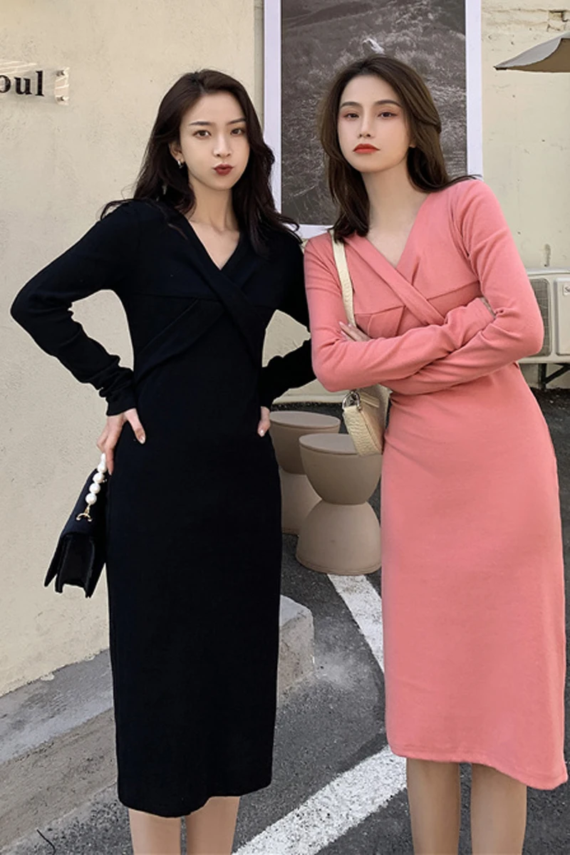 

2021 Spring New Long Sleeve Bottomed Medium Length Dress High Waist Slim French Niche Hip Skirt Women's Fashion