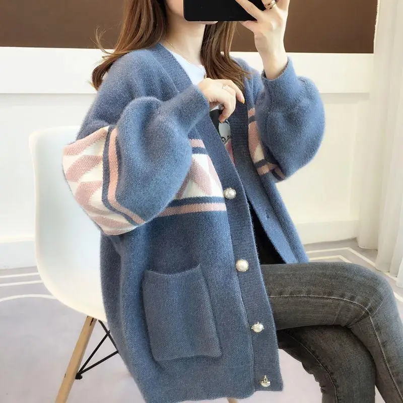 

Spring And Autumn New Women's Button Pocket Imitation Mink Sweater Coat Leisure Loose Knit Cardigan Fashion Lady Coat