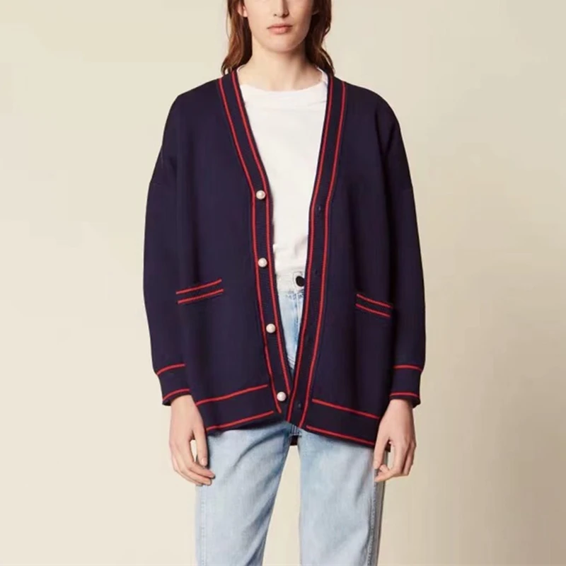 Женский кардиган в полоску свободный винтажный с карманами и вышивкой виде флага
