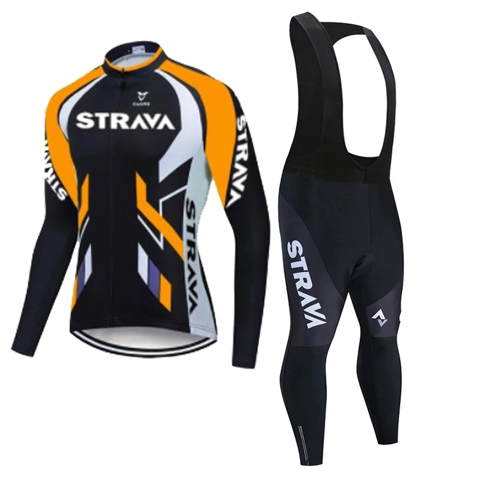 

STRAVA-Men's Professional Cycling Clothing Set Long Sleeve Jersey and Bib Pants Uniform for Mountain Biking, 2021