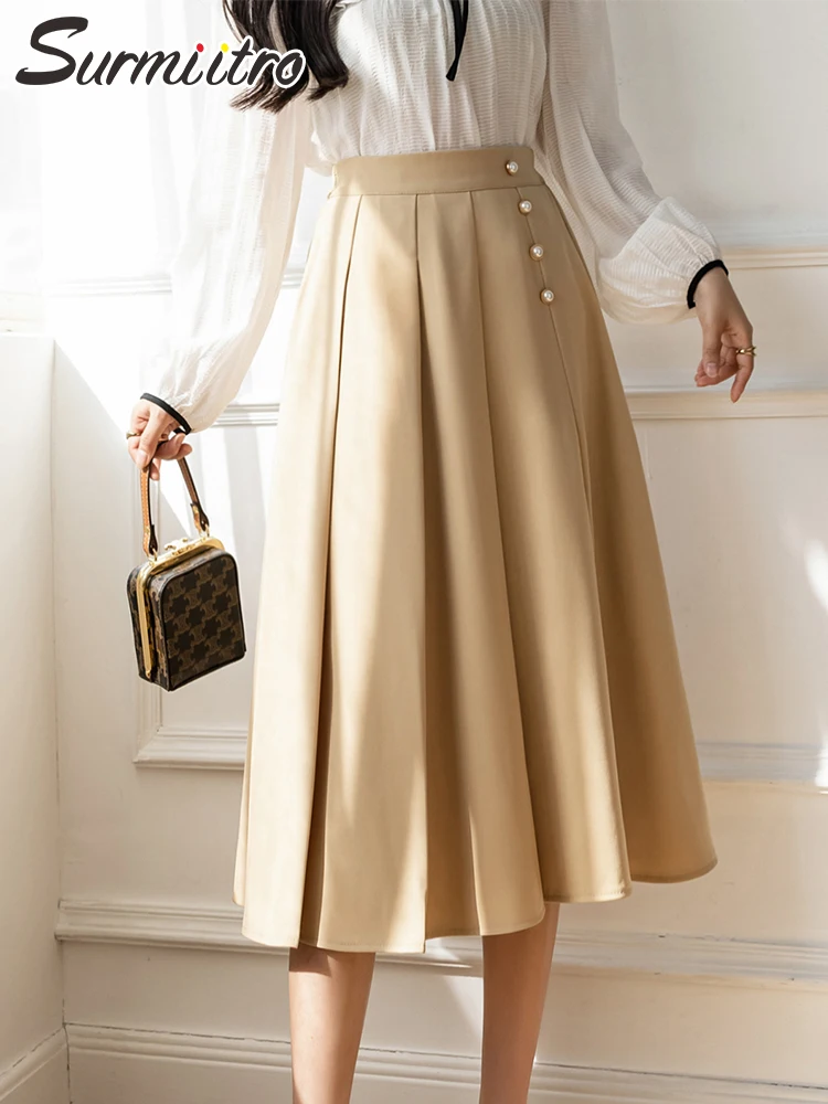 

SURMIITRO 2022 Spring Summer Korean Fashion Pearl Bead Women Midi Long Office Lady High Waist A Line Suit Pleated Skirt Female