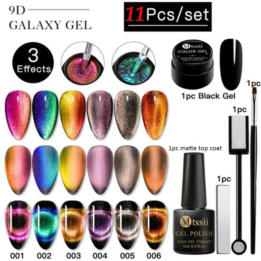 

Mtssii 11/8PCS 9D Galaxy Cat Eye Led Gel Nail Polish Set Chameleon Magnetic UV Nail Varnish Nail Brush Needed Black Base Gel
