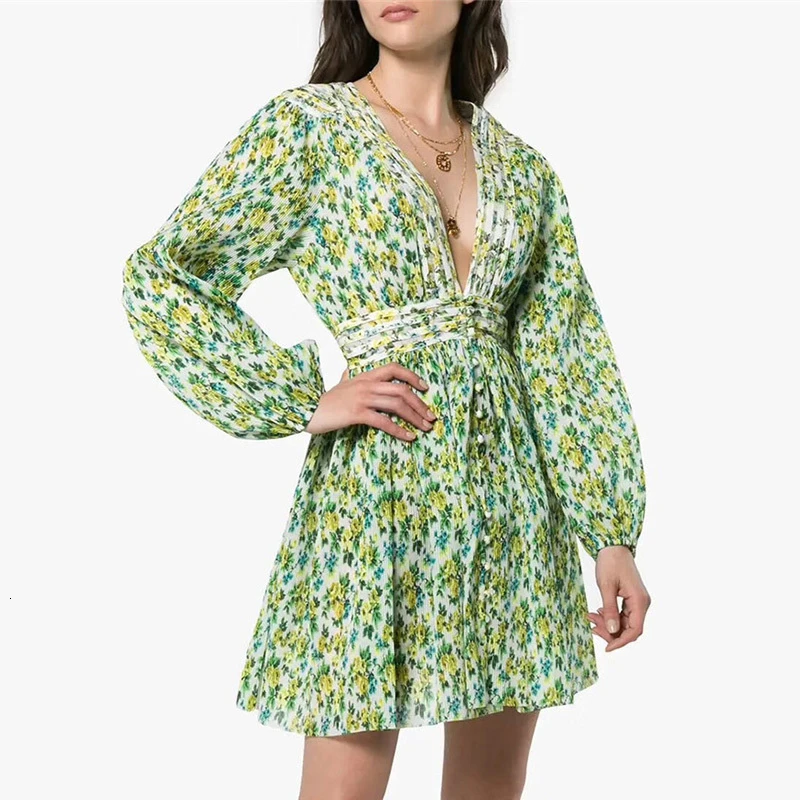 TWOTWINSTYLE Платье с принтом женское с v-образным вырезом Высокая талия Туника фонарь длинный рукав Мини платья для женщин Весна Повседневная мода Новинка