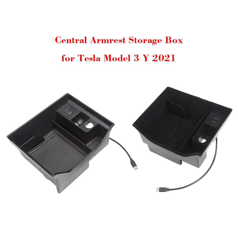 

Car Armrest Storage Box with USB Port Cup Holder Flocking/ABS Center Console Armerest Organizer for Tesla Model 3 Y 2021