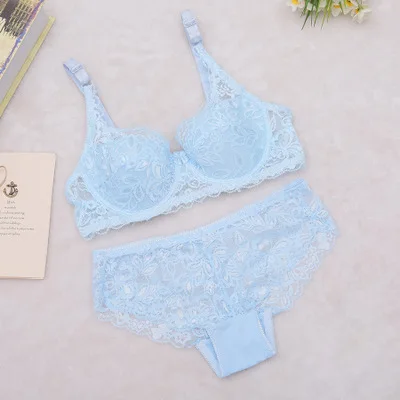 Sky Blue with pad Сексуальное нижнее белье, комплект с бюстгальтером, женское нижнее белье, бюстгальтер пуш-ап, сетчатый бюстгальтер без косточек, эротическое белье, ультратонкий Винтажный кружевной комплект нижнего белья - Цвет: Sky Blue with pad