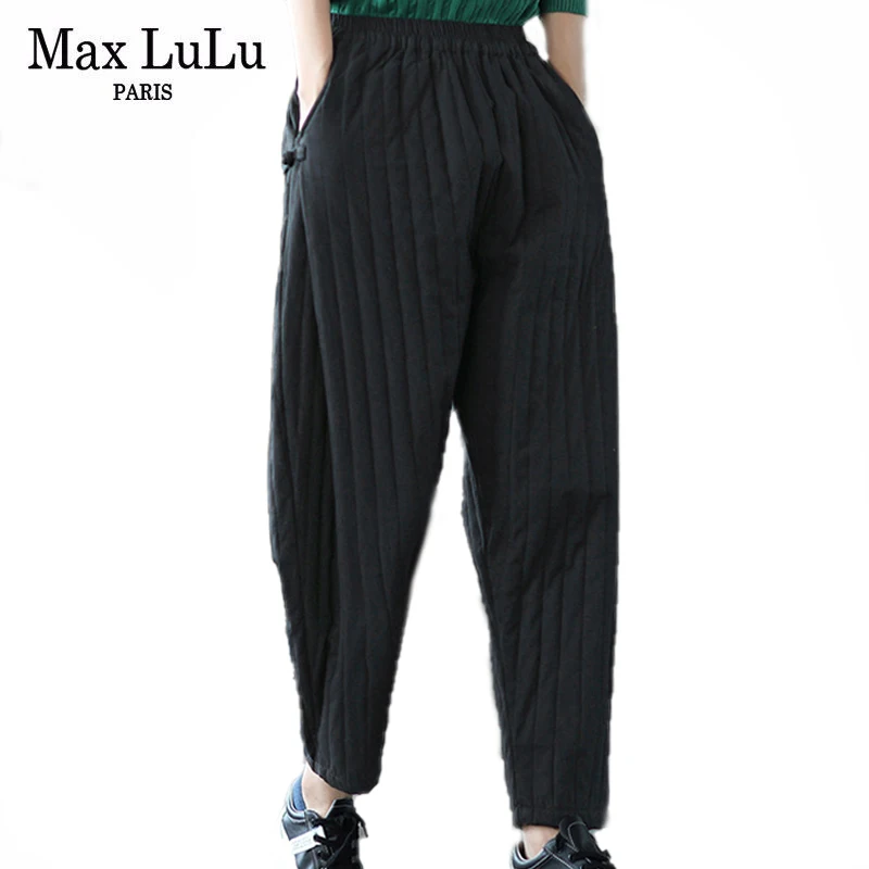 

Женские свободные винтажные однотонные брюки Max LuLu, зимние повседневные эластичные дизайнерские шаровары в европейском стиле, брюки с подк...