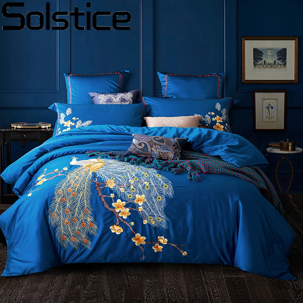 

SOLSTICE Palace Luxury 60 Sticks Peacock Embroidery Bedding Sets Egyptian Cotton Bedlinens Duvet Cover Flat Bedsheet Pillowcase