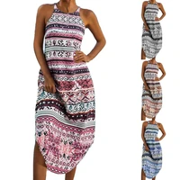 50 hot sales women dress position print irregular hem summer sleeveless round neck dress for beach