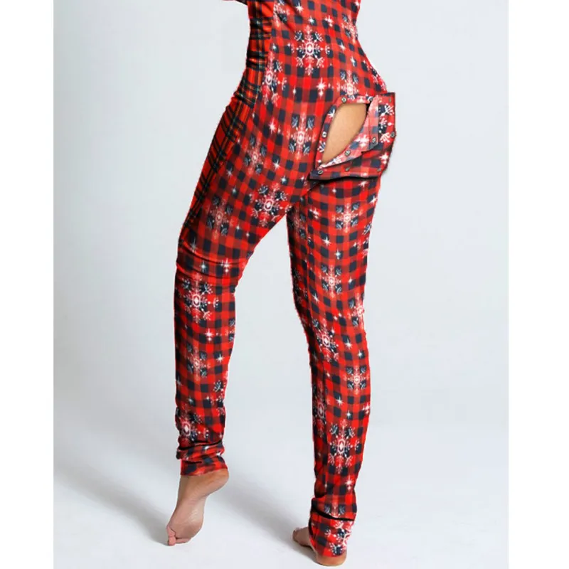 Christmas Print Sexy Pajama Women Jumpsuit Casual Long Sleeve Pyjama Button-down Front Functional Buttoned Flap Female Sleepwear