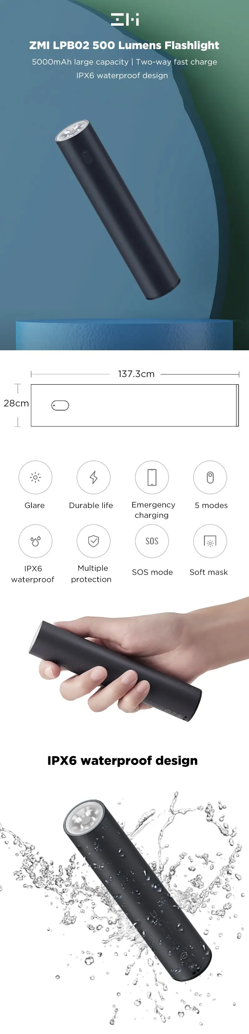 Водонепроницаемый 5000mAh внешний блок аккумуляторных батарей power Bank, ВЫСОКАЯ ЧЁТКОСТЬ, быстро заряжающийся мобильный телефон, USB-C Мощность Фул 21700 фонарик для использования вне помещений