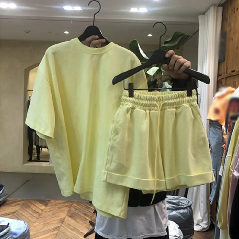 

2021 Spring Summer 2pieces Sets Korean Short Sleeve O-neck Causal T Shirts + Lace Up High Waist Shorts Outfits
