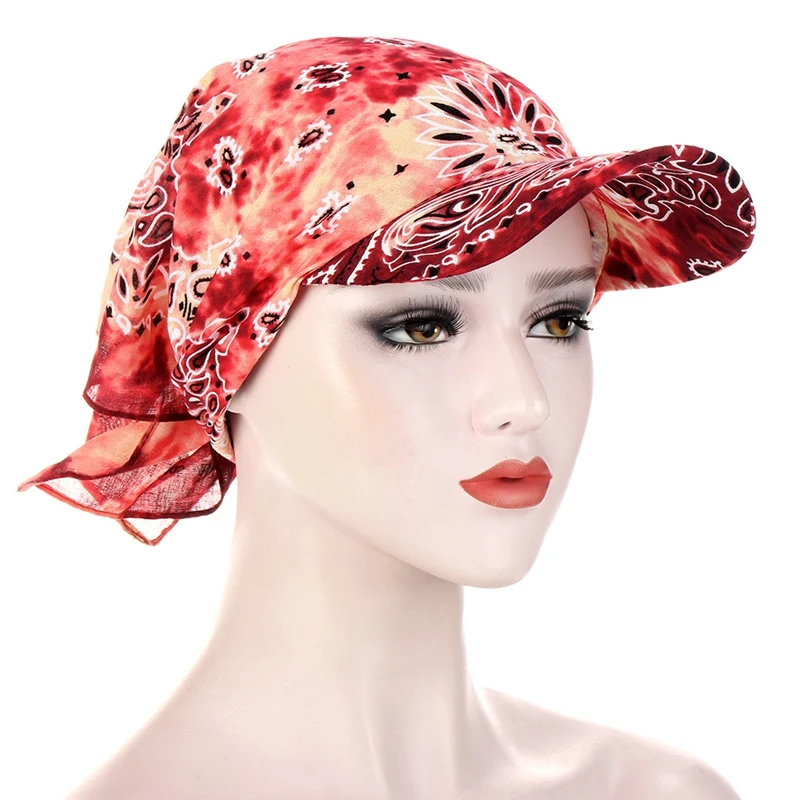 Womens Head Scarf Visor Hat With Wide Brim Sunhat Summer Beach Sun Hats UV Protection Female Printed Cap Cotton Printed Headband