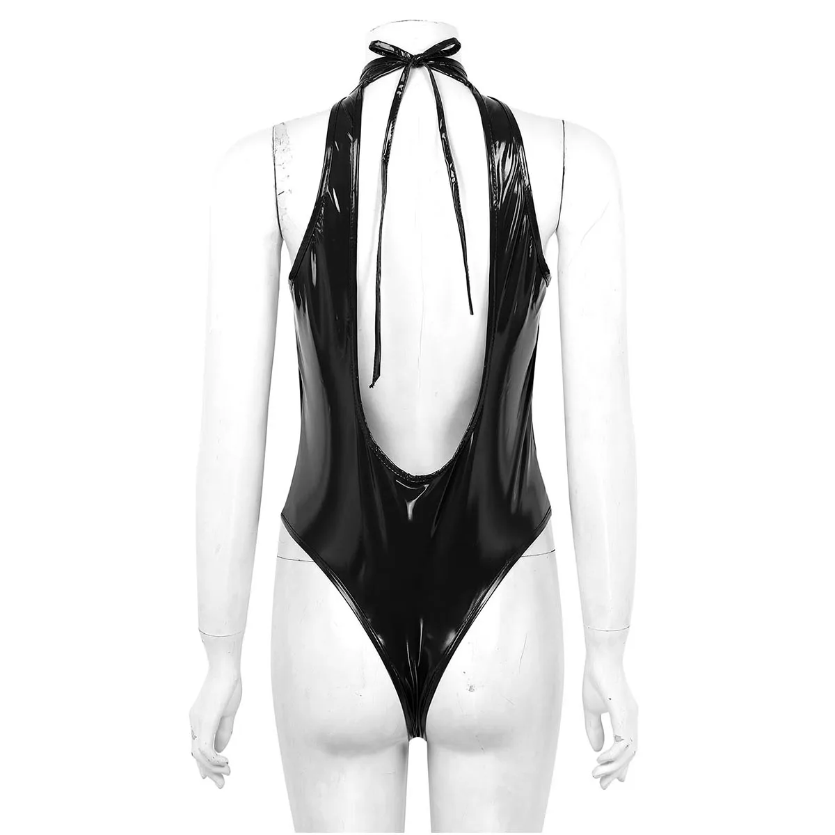 Sexy Womens Wet Look Patent Leather Latex Catsuit Erotic Leotard Costumes Hollow Out Nipples Crotchless Thong Bodysuit | Тематическая