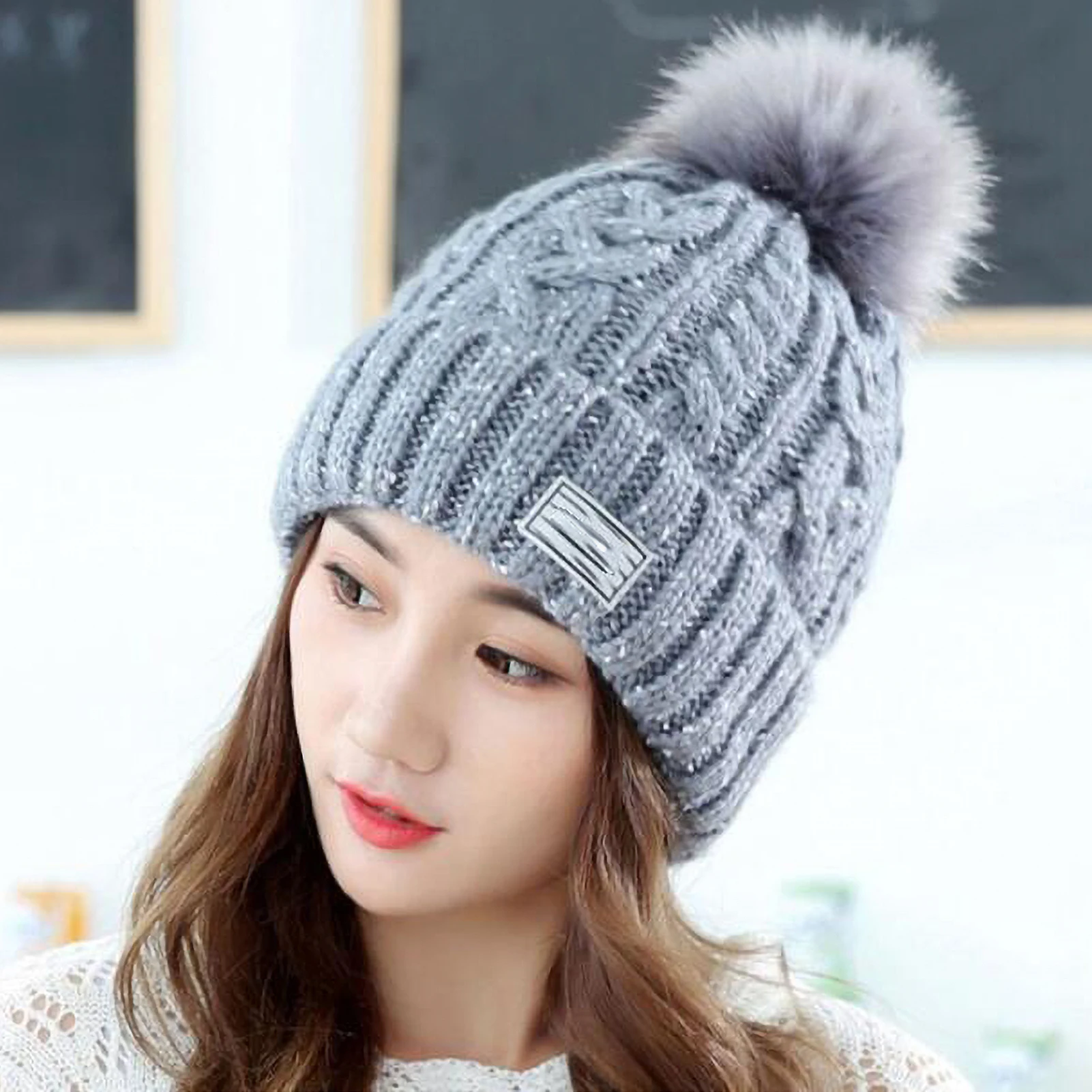 

Women Winter Thick Warm Knitted Beanies Pompon Hats Outdoor Riding Skiing Cap