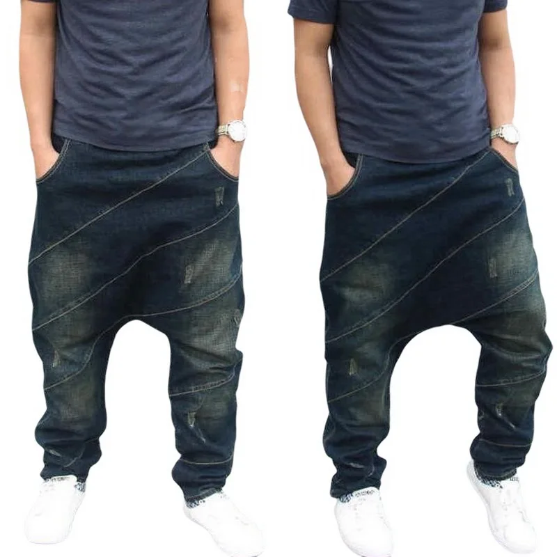 Men Loose Baggy Jeans Hip Hop Harem Jeans Elastic Waist  Drawstring Male Denim Cross-pants Casual Denim Pants