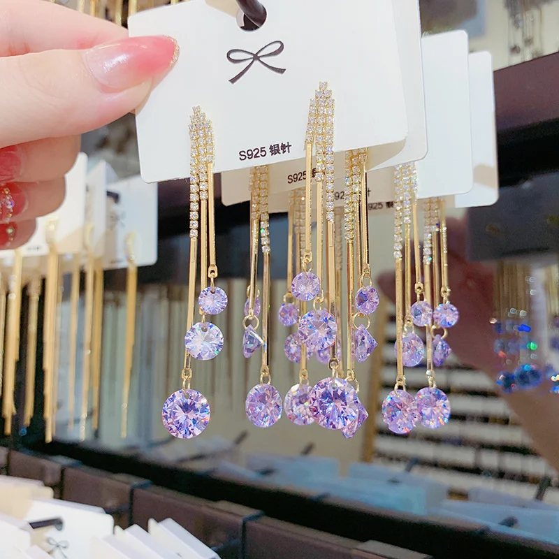 

Korean Temperament Purple Zircon Tassel Long Earrings for Woman High Quality 925 Silver Needle Hypoallergenic Jewelry Earrings
