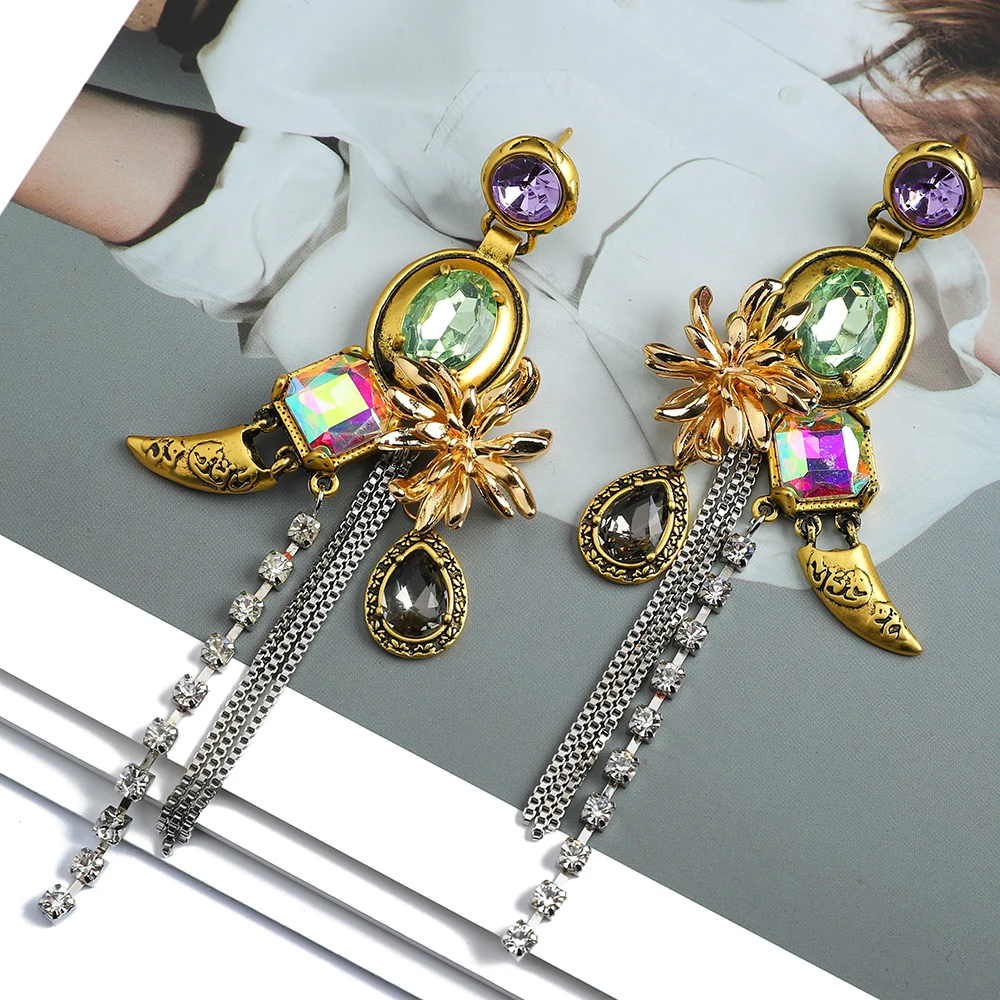 

Fashion Geometric Tassel Dangle Earrings For Women Trend Sweet Flower Sparkly Crystal Pendientes Colgante Luxury Vintage Jewelry