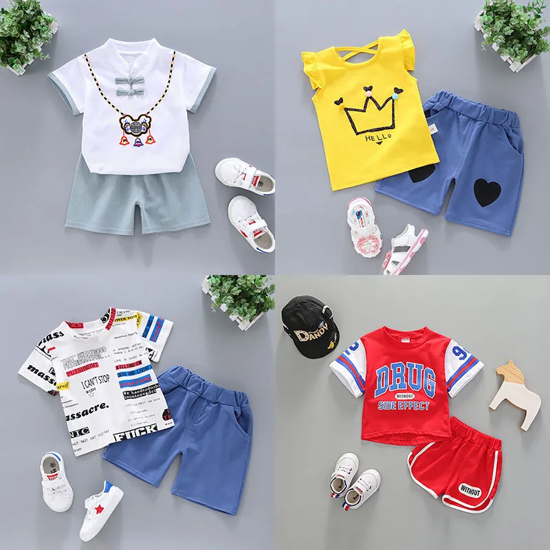 baby boys girls summer cartoon clothes sets 0-7T kids cotton t-shirt+shorts 2pcs/set toddler outfit children sport costuming Top |