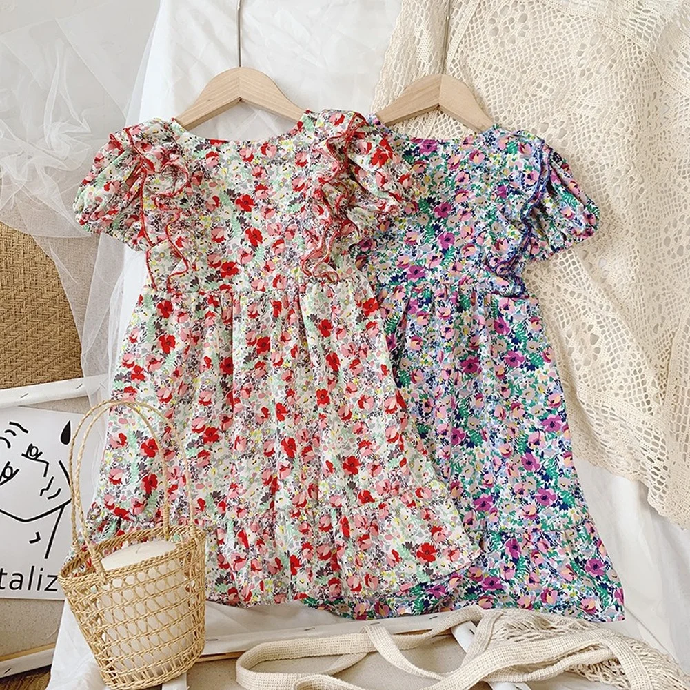 

2021 New Children's Clothing Girls Clothing Flying Sleeve Girls' Summer Dress Children's Floral Princess Dress Baby Dress Kids