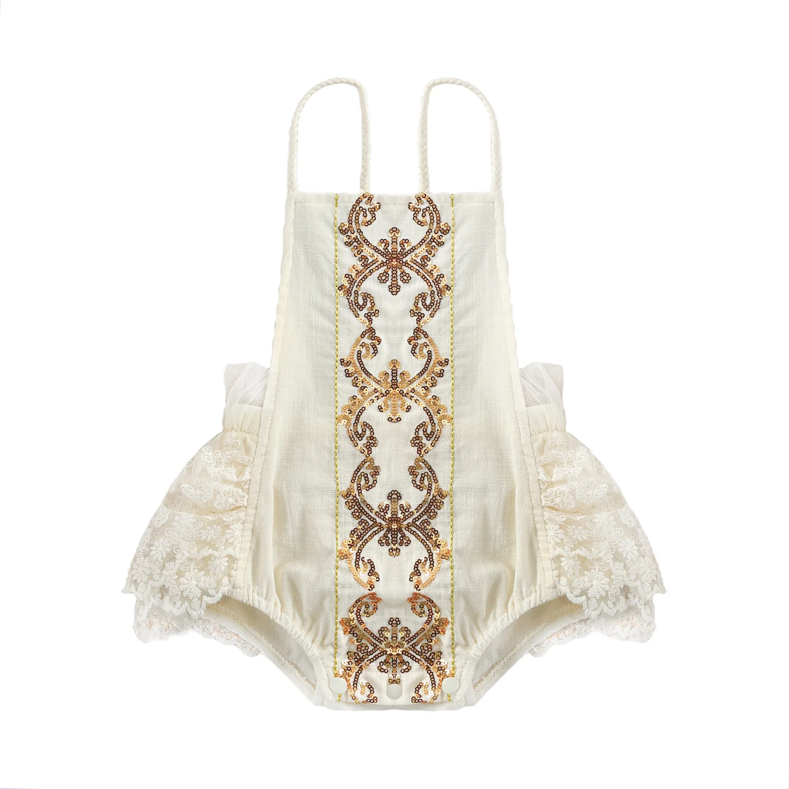 

0-24M Summer Baby Girls Boys Bodysuits Lace Flowers Sequined Print Sleeveless Ruffles Backless Jumpsuits