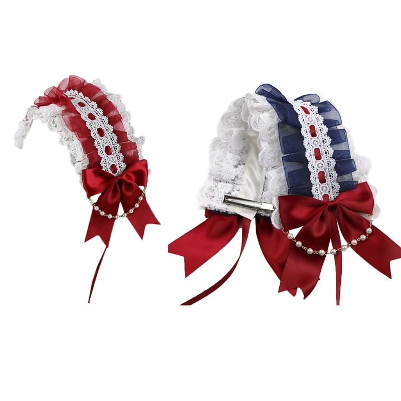 

Lace Headbands for Women Long Ribbon Headband Multilayered Lace Headwear with Bowknot Pearl Maid Lolita Party Props