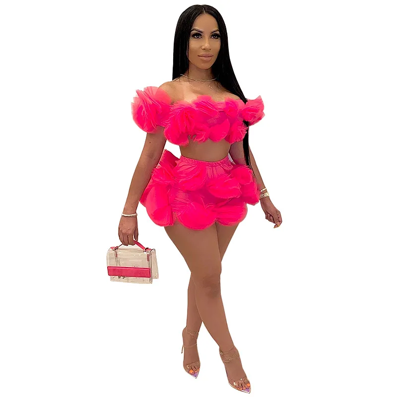 

Solid Two Piece Sets Women Grenadine Floral Printed Slash Neck Short Sleeves Crop Tops High Waist Mini Shorts Set Nightclub Wear
