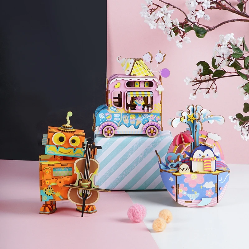 Excellent Beautiful DIY 3D Wooden Music Box Fishing Cat Puzzle Game Amusement Park Little Performer Great Birthday Gift For Kids | Игрушки и