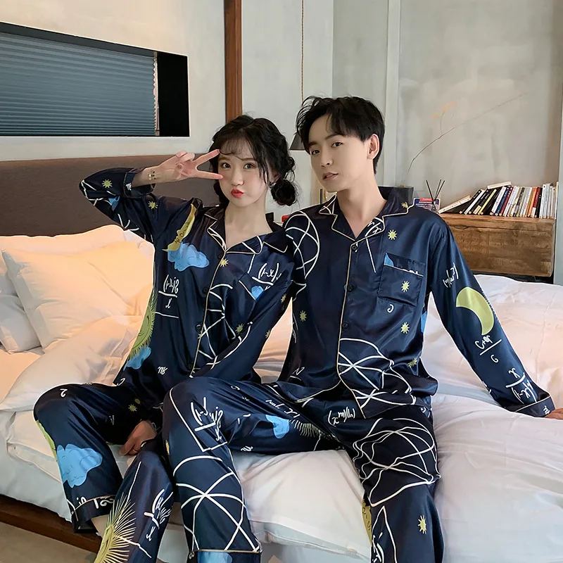 

Couple Silk Satin Pajamas Pyjamas Set Long Sleeve Sleepwear Pajama Pajamas Suit Women And Man Sleep 2PC Set Loungewear Plus Size