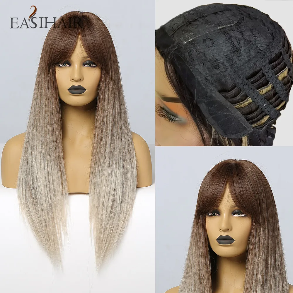 

EASIHAIR Women Long Straight Brown Ombre Wigs with Bangs Synthetic Natural Hair Wigs Cosplay Wigs Heat Resiatant